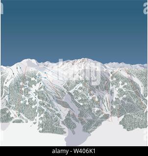 Generic Ski Hill, west coast stile con principalmente tutte le pellicce & alberi di conifere e rabboccato con cime frastagliate con percorsi tortuosi percorsi sciistici Illustrazione Vettoriale