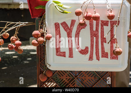 Un venditore di litchi segno vicino alla spiaggia in Hilo, Hawaii Foto Stock