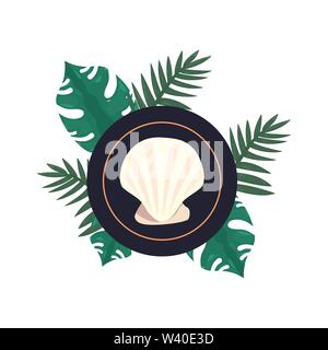 Estate vacanze badge shell foglie tropicali illustrazione vettoriale Illustrazione Vettoriale