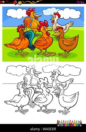 Illustrazione del fumetto di divertenti le galline e i Galli caratteri animale libro da colorare attività Illustrazione Vettoriale