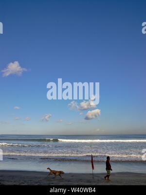 La spiaggia di Kuta Beach, Bali, Indonesia - Giugno 2019 : la gente a piedi con un cane su una spiaggia con un contrassegno di sicurezza. Foto Stock