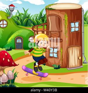 Monkey equitazione scena skateboard illustrazione Illustrazione Vettoriale