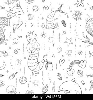 Modello senza cuciture con fantasia scarabocchi di mermaid tema. Sfondo decorativo per bambini ragazza con tessili tails, gatto, Unicorn e altra roba mermaid. Illustrazione Vettoriale