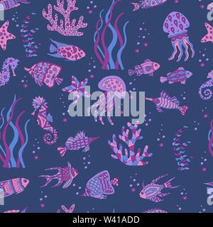 Carino astratto modello senza cuciture con pesce di mare, stelle marine, corallo, cavalluccio, meduse, alghe su sfondo blu scuro Illustrazione Vettoriale