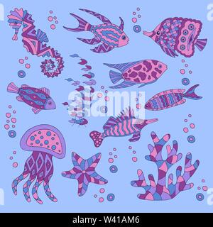 Disegnate a mano e dipinte di set di pesce di mare, stelle marine, corallo, cavalluccio, meduse, alghe su sfondo blu Illustrazione Vettoriale