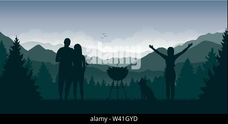 Barbecue con gli amici con green mountain view illustrazione vettoriale EPS10 Illustrazione Vettoriale