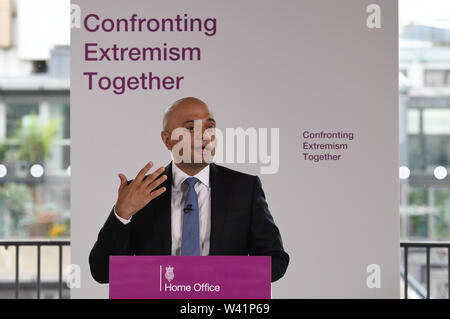 Sajid Javid fa un discorso a Londra centrale sul fronte estremismo come egli chiede figure pubbliche di 'moderati la loro lingua' per fermare la diffusione di sostanze velenose ideologie.. Foto Stock