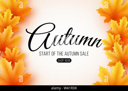 Vendita autunnale. Web banner con scritte. Poster stagionale con foglie di autunno. Foglia di acero. Inizio di una vendita stagionale. Illustrazione Vettoriale. EPS 10 Illustrazione Vettoriale