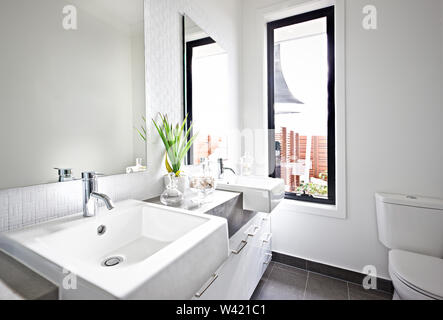 White bagno lavandino e specchio vicino una pianta verde illuminato con luce solare proveniente dal vetro del pannello della finestra accanto alla tazza igienica Foto Stock