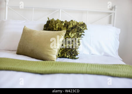 Vista di cuscini decorativi mantenuto al di sopra di letti soffici e un cuscino con dettagli in foglia Foto Stock