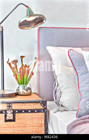 Lussuosa camera da letto con una lampada da tavolo e impianto di fantasia vicino i cuscini, vi è una scatola realizzata in rattan Foto Stock