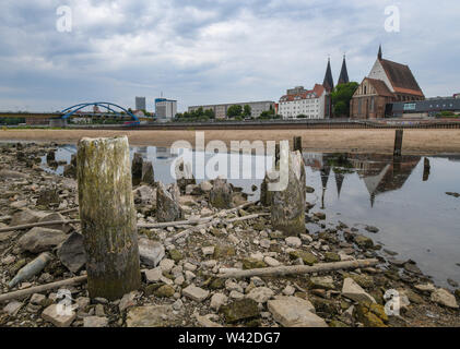 Slubice, Polonia. 19 Luglio, 2019. Colonne di legno sporgono dal letto asciutto del fiume dell'Oder sulla banca polacca, mentre in background il ponte della città e la sala concerti (r) di Francoforte sul Meno (Oder) può essere visto. L'attuale basso livello acqua del confine fra Germania e Polonia fiume Oder di soli 1,10 metri - che dovrebbe normalmente essere di circa 2 metri - anche scopre alcune tracce di storia recente. Queste colonne di legno sono i resti di un sovietico ponte di legno che collegato a entrambe le banche dal 1946 al 1952. Credito: Patrick Pleul/dpa-Zentralbild/ZB/dpa/Alamy Live News Foto Stock