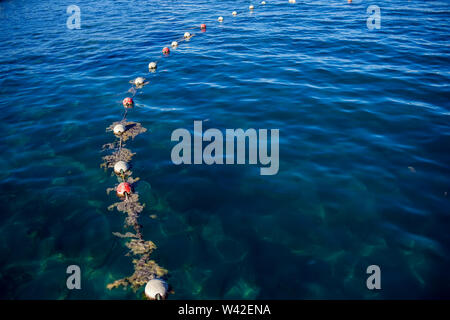 Boe protettivo sulla superficie del mare. La scherma sull'acqua. Salvare la zona per il nuoto Foto Stock