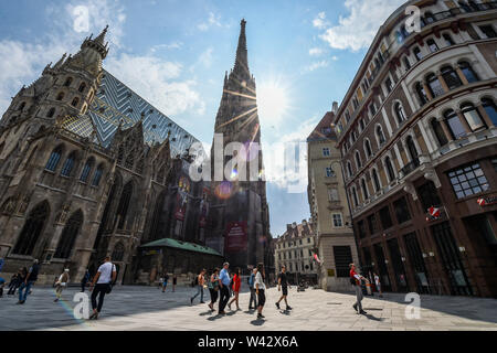 Vienna. 19 Luglio, 2019. I turisti di visitare l'interno della città di Vienna (Austria), il 19 luglio. Durante le vacanze estive in Europa, Vienna attira turisti da tutto il mondo con la sua architettura unica e uno splendido scenario. Credito: Guo Chen/Xinhua/Alamy Live News Foto Stock