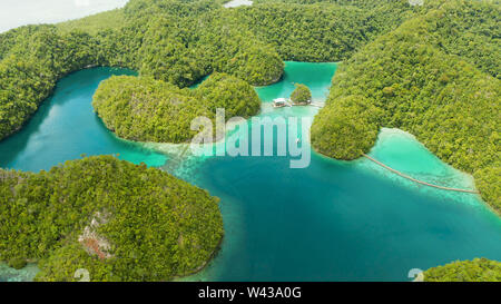 Le acque turchesi della laguna Sugba e isole coperte di verde della foresta e la giungla. Siargao, Filippine. Estate viaggi e concetto di vacanza. Foto Stock