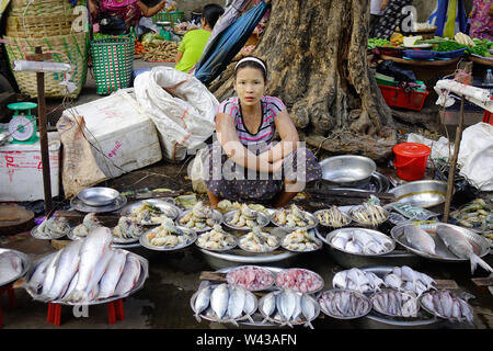 Yangon, Myanmar - Feb 13, 2017. Una donna birmano la vendita di pesce fresco alla strada del mercato di Yangon, Myanmar. Yangon è il paese più grande città con un popu Foto Stock
