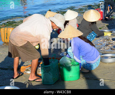 Phan Thiet, Vietnam - Mar 19, 2016. La gente vende pesce al mercato locale in Mui Ne town, Phan Thiet, Vietnam. Mui ne è una pesca costiera cittadina in Sout Foto Stock