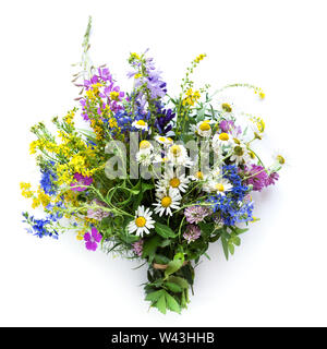 Fiori d'estate. Bouquet di fiori selvatici isolato su sfondo bianco, vista dall'alto. Estate o eco-friendly concetto di stile di vita. Foto Stock