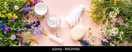 Eco Friendly skincare. Cosmetici naturali e le erbe e fiori su sfondo rosa, vista dall'alto, banner. Ricerca biologica e di uno stile di vita sano concep Foto Stock