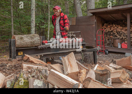 Lavoratore anziano idraulico utilizzando macchina spaccalegna essendo utilizzato per dividere grandi tronchi di legno Foto Stock