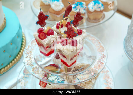 Delicati tortini alla vaniglia con crema di lamponi e. top lampone torta bianca . Pasta: Torta al cioccolato con panna montata , lamponi e blueberri Foto Stock