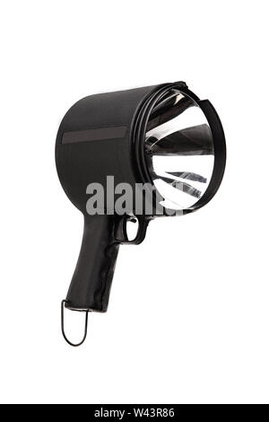 Torcia con un grande riflettore close up su uno sfondo bianco. grandi mano-potente lanterna isolati su sfondo bianco. Foto Stock