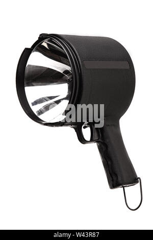 Torcia con un grande riflettore close up su uno sfondo bianco. grandi mano-potente lanterna isolati su sfondo bianco. Foto Stock