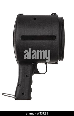 Torcia con un grande riflettore close up su uno sfondo bianco. grandi mano-potente lanterna isolati su sfondo bianco. Foto Stock