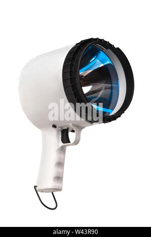 Torcia con un grande riflettore close up su uno sfondo bianco. grandi mano-potente lanterna isolati su sfondo bianco. Foto Stock