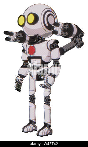 Robot contenente elementi: testa rotonda, grandi occhi gialli, luce exoshielding torace, rosso pulsante del torace, minigun gruppo posteriore, Ultralight piede exosuit. Foto Stock
