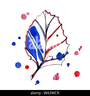 Acquerello grafica stilizzata autumn leaf. Dipinti a mano con nero, blu e rosso dell'inchiostro con le prime gocce di colore sullo sfondo. Oggetto isolato su bianco Foto Stock