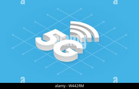 5G rete tecnologia wireless isometrico. Quinta generazione di internet, comunicazione, connessione veloce concetto. Illustrazione Vettoriale