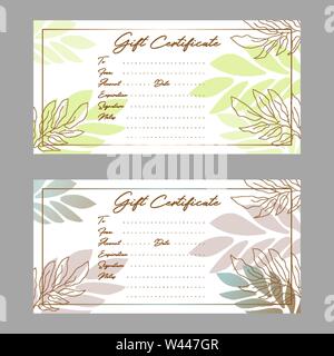 Gift Voucher modello di certificato con un semplice vettore di foglie. Illustrazione Vettoriale