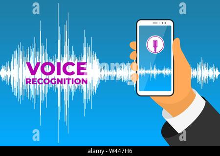Assistente personale e il riconoscimento vocale mobile app. Mano trattiene smartphone con il pulsante del microfono sullo schermo e discorso di onda sonora. Soundwave Illustrazione Vettoriale