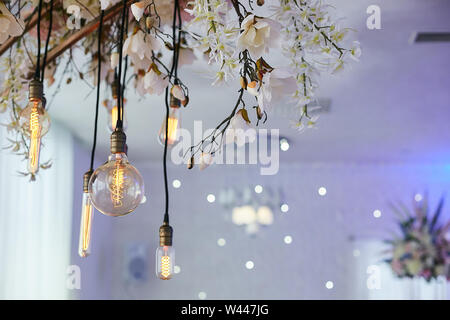 Vintage elettrico luce gialla e bulbi di fiori freschi. Cerimonia di nozze decorazioni in surround vintage. Foto Stock