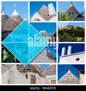 Collage di foto di Alberobello - Italia, in 1:1 formato. Il pittoresco villaggio di trulli. Case in pietra costruite con la tipica forma circolare. Foto Stock