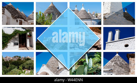 Collage di foto di Alberobello - Italia, in formato 16:9. Il pittoresco villaggio di trulli. Case in pietra costruite con la tipica forma circolare Foto Stock