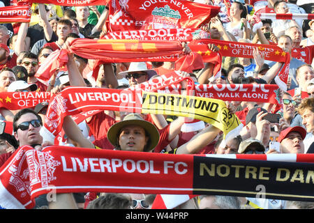 South Bend, Stati Uniti d'America. 19 Luglio, 2019. Calcio, test match, Liverpool FC - Borussia Dortmund a Notre Dame Stadium. Gli appassionati di Liverpool in gabbie. Credito: Tim Vizer/dpa/Alamy Live News Foto Stock