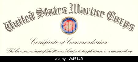 Il comandante del Marine Corps certificato di encomio 001. Foto Stock