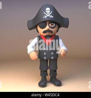 Pirata capitano di mare indossando Jolly Roger cranio e crossbones hat e eyepatch, 3D render illustrazione Foto Stock