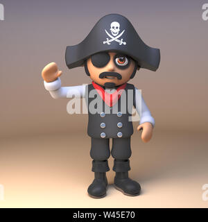 Gentile 3d capitano pirata indossando Jolly Roger cranio e crossbones hat e onde eyepatch ciao, 3D render illustrazione Foto Stock