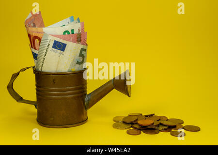 Le banconote in euro assortiti di denominazioni in rame di un annaffiatoio con monete sparse su giallo con copia spazio per temi finanziari Foto Stock