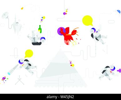 Gli astronauti in stile cartoon. Caratteri vettoriali. Figura piana. Personaggi isolati su sfondo bianco. Illustrazione dei cosmonauti nello spazio per ad Illustrazione Vettoriale