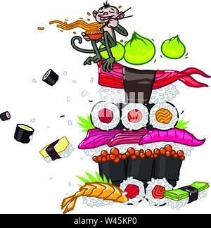 Cibo asiatico, sushi, sashimi, wasabi. Immagine vettoriale, isolati su sfondo bianco. Giapponese e cucina Cinese. Illustrazione per il menu del ristorante, ca Illustrazione Vettoriale