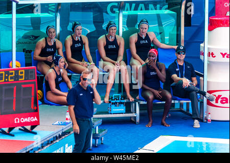 14 luglio 2019 Gwangju, Corea del Sud 18° Campionato Mondiale di Aquatica della FINA USA Bench Gwangju Corea del Sud 14/07/2019 Waterpolo W2 NZL - USA 18° Campionato Mondiale di Aquatica della FINA campi dell'Università di Nambu Foto Stock