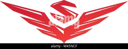 Logo con le ali e la lettera S. vettore logo piana. Segno isolato su sfondo bianco. Corporate identity. Emblema. Simbolo. Oggetto stilizzato. Gradiente. Illustrazione Vettoriale
