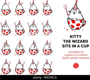 Sprite personaggio dei fumetti del gatto. Set di diverse pose del carattere nel vettore. Un loop di animazione la rotazione della guarnizione nel bicchiere. Illustrazione Vettoriale