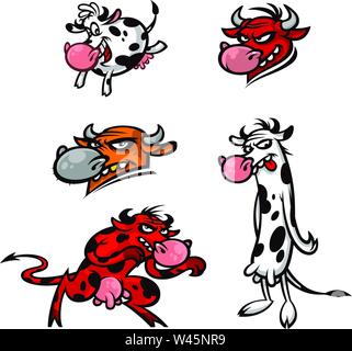 Cartoon funny vacche. Personaggi isolati su sfondo bianco. Una mandria di mucche e tori. Caratteri per il sito e la stampa. Vettore illustrazione piatta Illustrazione Vettoriale