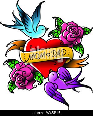 Tatuaggi con la scritta di mamma e papà. Due cuori con un fiore e un uccello. Vettore tatuaggio piana. Congratulazioni per i genitori con un anniversario. Illustrazione Vettoriale