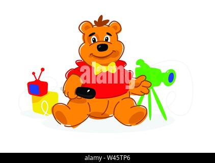 Illustrazione di un bear cub. Vettore icona piatta. Illustrazione di un giornalista orso con una videocamera e di un microfono. Immagine è isolato su sfondo bianco. Illustrazione Vettoriale